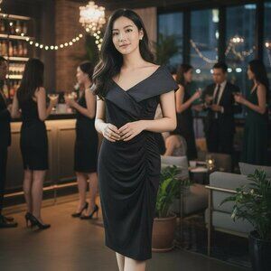 Joseph Ribkoff Black Cocktail Dress Size US 10 Shawl Collar V Neck Ruched LBD